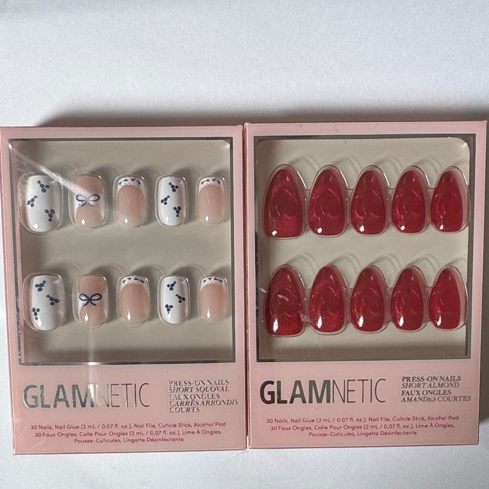 GLAMNETIC Press-On Nails Duo - White Floral & Red Almond Sets